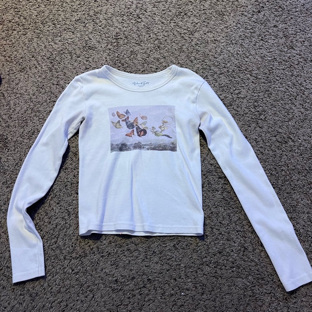 John Galt White Long Sleeve Top with Butterfly Print